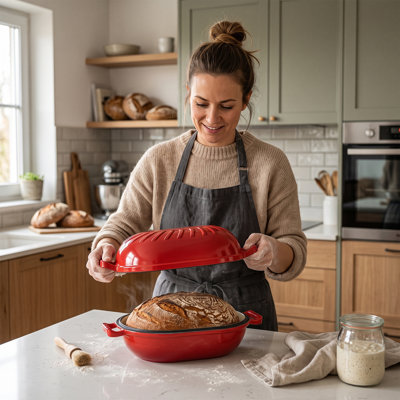5 qt. Candy‑Shaped Enameled Cast Iron in Red Oval Bread Baker with Heat‑Resistant Mitts and Pot Mat