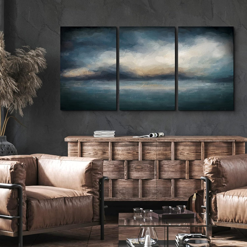 «Storm Cloud Dark Blue Skyline», 3 pièces sur toile, H 36 po x l 72 po, Toile tendue