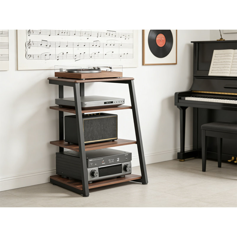 4-Tier AV Media Stand Corner Shelf, Wooden, Adjustable Shelves, For Record Player, PS4, Walnut