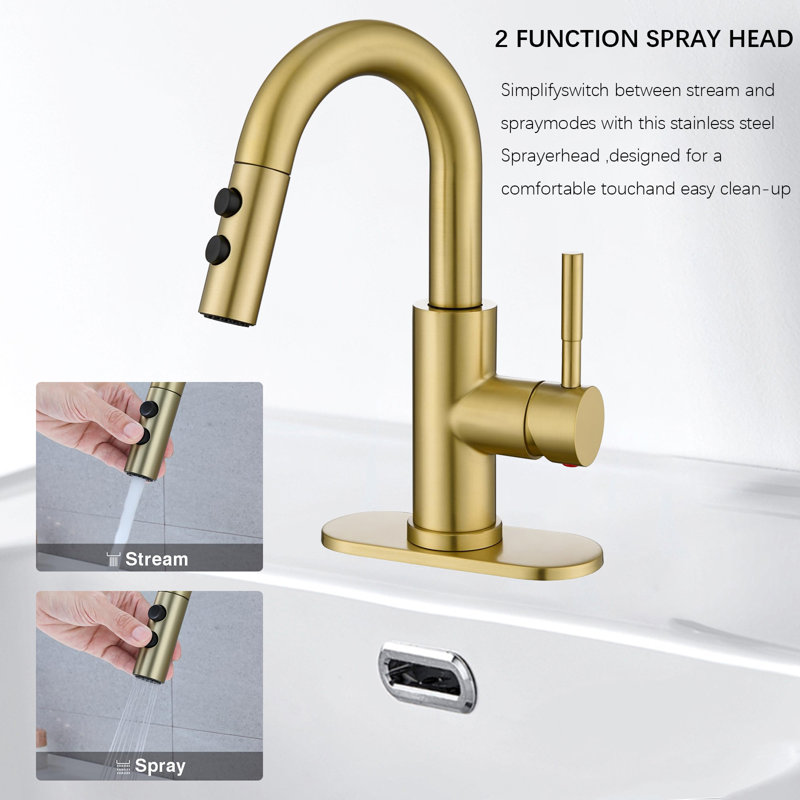 Axia Pull-Down Sprayer Bathroom Faucet With Pop-Up Drain & Deck Plate, Brushed Gold
