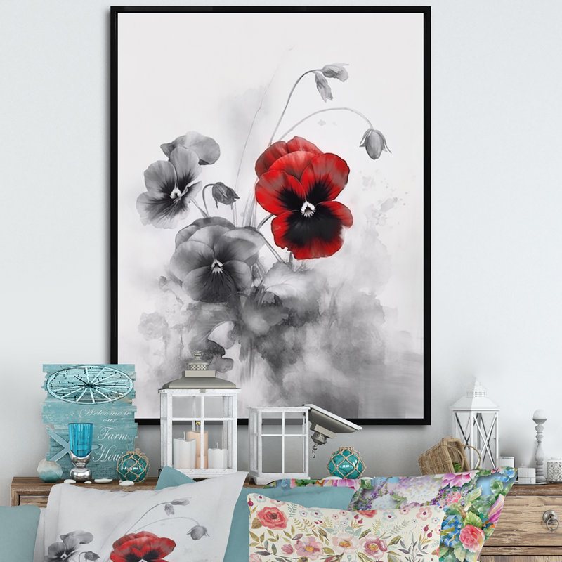 «Red and Grey Minimalisme Pansies II», reproduction sur toile, H 20 po x l 12 po x P 1 po, Cadre flottant noir