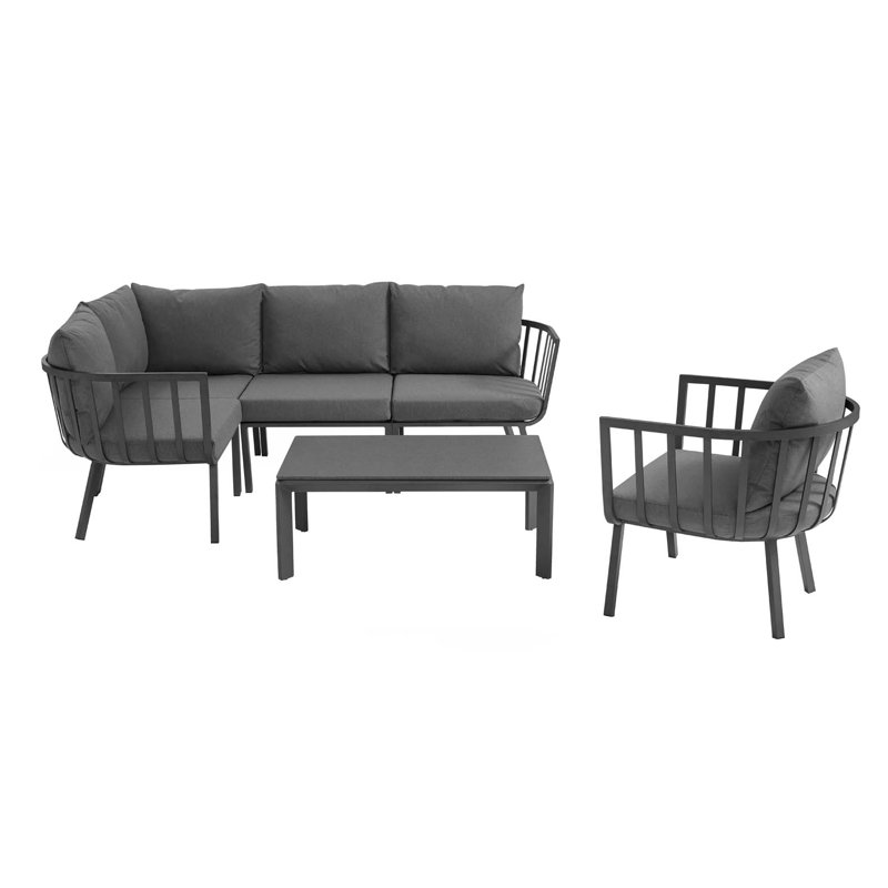 Riverside 4 Piece Outdoor Patio Aluminum Sectional Set with Armchair and Table, Gray Charcoal