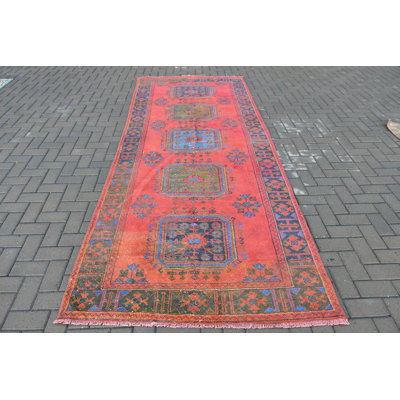 Handmade Red Turkish Runner Rug With Oushak Design Ideal For Unique Bohemian Style Hallway Decor