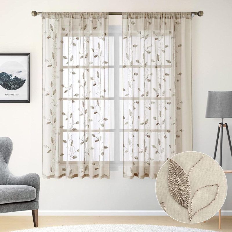 Curtains 2 Panels Embroidered Leaf Pattern Pocket Faux Linen Floral Semi Sheer Voile Window Curtains Drapes For Bedroom Living Room