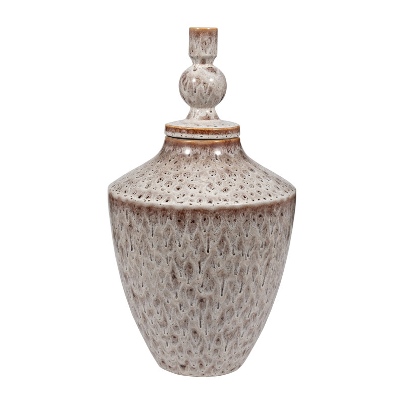 Vase décoratif en grès avec motif texturé et couvercle amovible - pièce décorative moderne, Brun / Beige