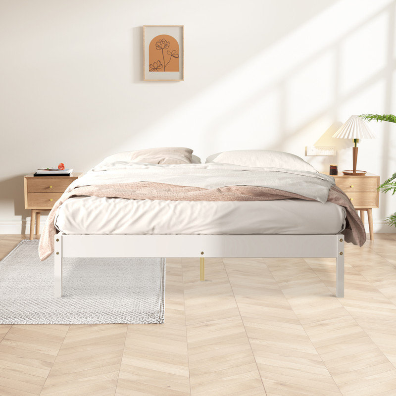 Tilon Solid Wood Modern Platform Bed Frame, White, Queen
