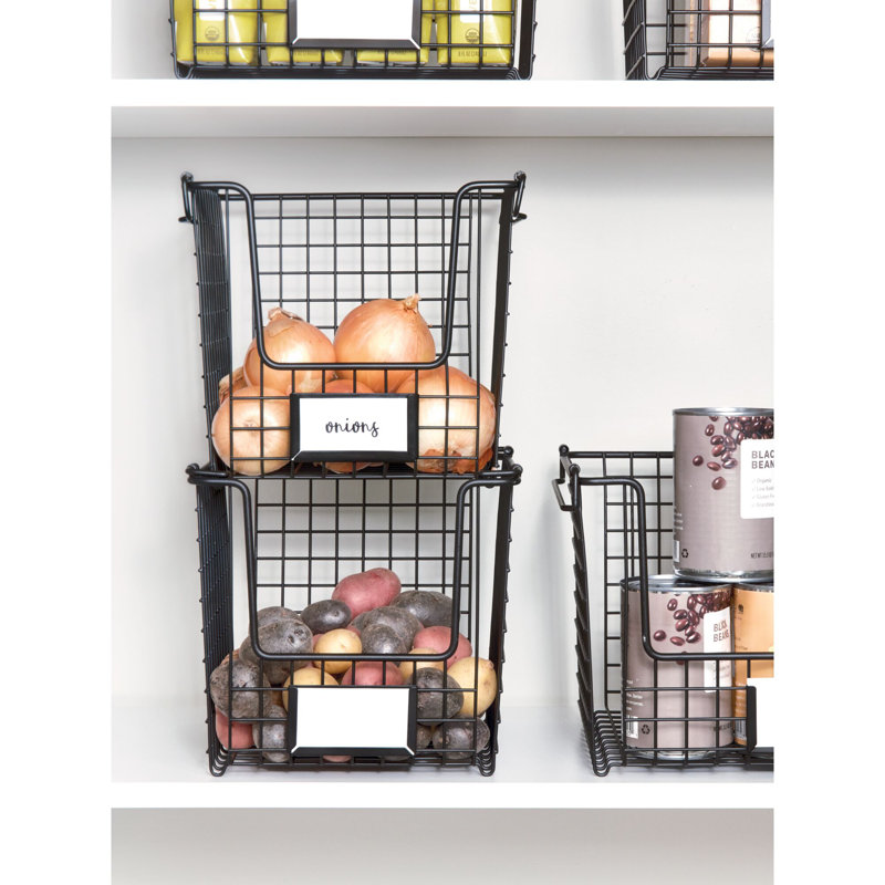 Stackable Wire Pantry Basket with Label Plate - Kitchen Storage Bins with Handles for Fruits and Vegetables