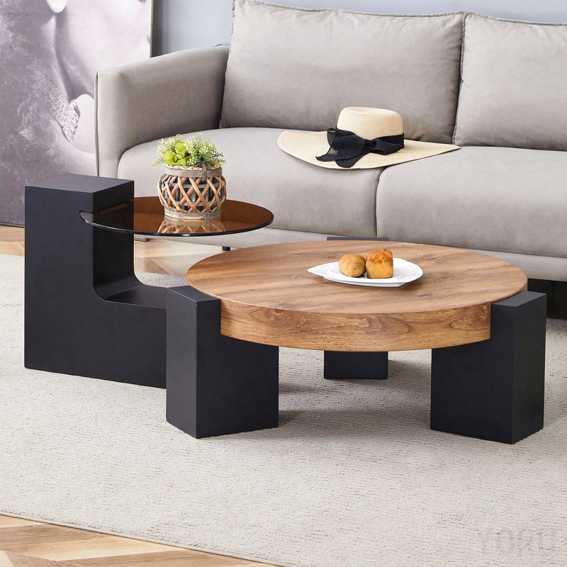 Table basse ronde moderne simple à double couche - Plateau en verre brun transparent avec pieds en bois aggloméré noir en forme de L, conception détachable