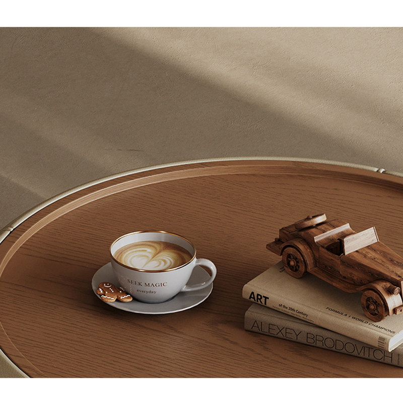 Round Creamy Coffee Table with Walnut Veneer