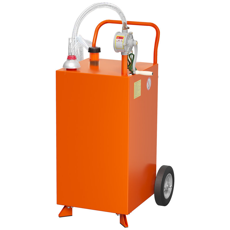 Heavy Duty Portable Fuel Caddy with Manual Transfer Pump & 9.8ft Hose - Gasoline & Fuel Storage Tank for Cars, Lawn Mowers, Boats, ATVs - Rolling Solidified Rubber Wheels - Orange | 40 gallons