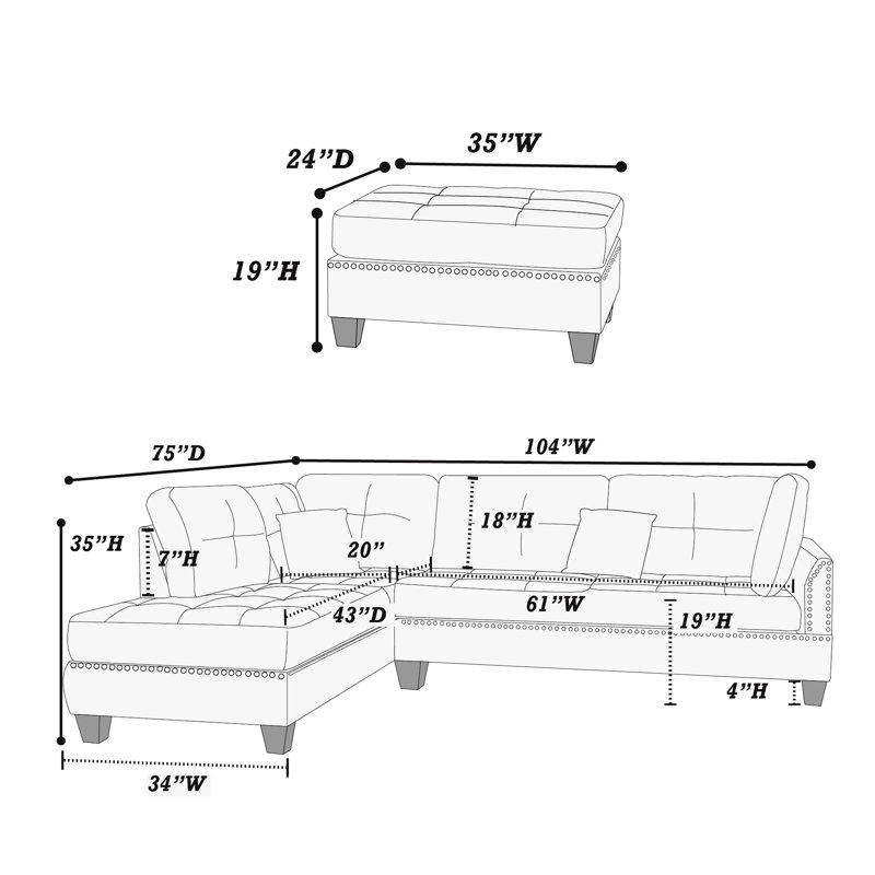 Canapé modulaire réversible en polyfibre noir avec 2 coussins décoratifs et 3 coussins décoratifs en forme de L, rembourrés de mousse haute rembourrée, livré avec une méridienne de 34 po x 75 po et 3 po, 3 coussins, format confortable 35 po, 24 po et 19 po