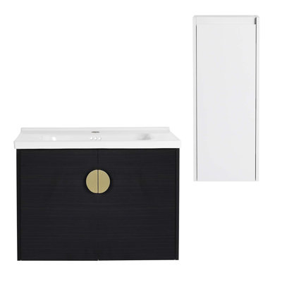 Meuble-lavabo mural avec lavabo en céramique et armoire latérale, portes à fermeture douce, armoire combinée
