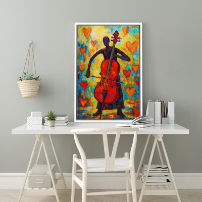 «Expressive Cellist Silhouette with Bright Heart Motifs» sur fond vibrant