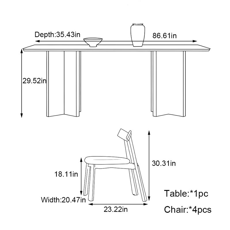 Ensemble de table de salle à manger en bois massif de style rétro français, H 29,52 po x L 86,61 po x l 35,43 po