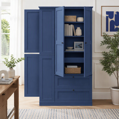 73.6" Tall Farmhouse Kitchen Pantry Cabinet with 8 Shelves, 2 Drawers, 3 Pull-Out Trays, 4 Doors and Side Cabinets