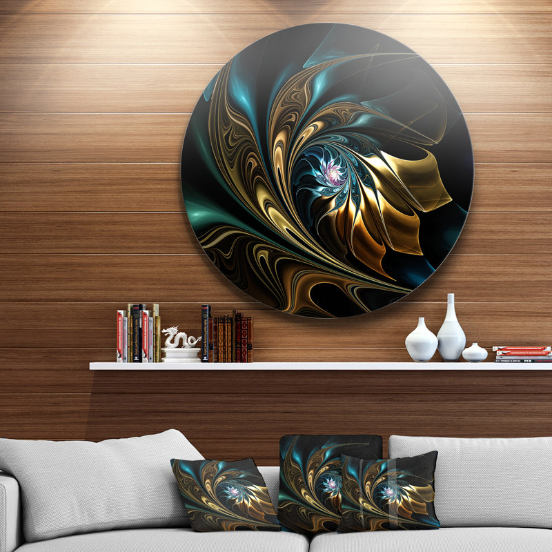 Fleur noire dorée moderne - art mural fleur fractale, impression avec fleur noire, H 36 po x l 36 po, Métal