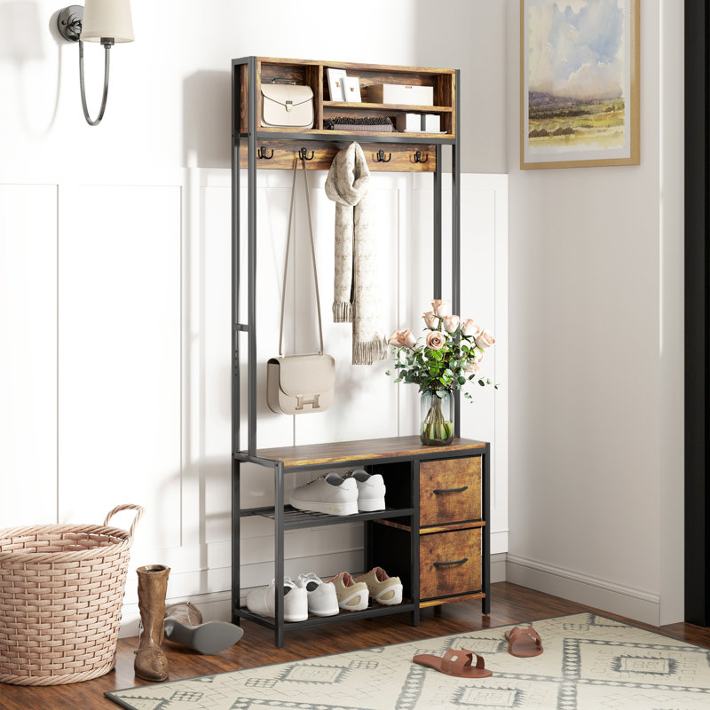 Hall Tree With Bench And Shoe Storage, 5-In-1 Entryway Bench With Coat Rack, 3 Storage Compartments, 5 Coat Hooks, 2 Fabric Drawers, Distressed,wood