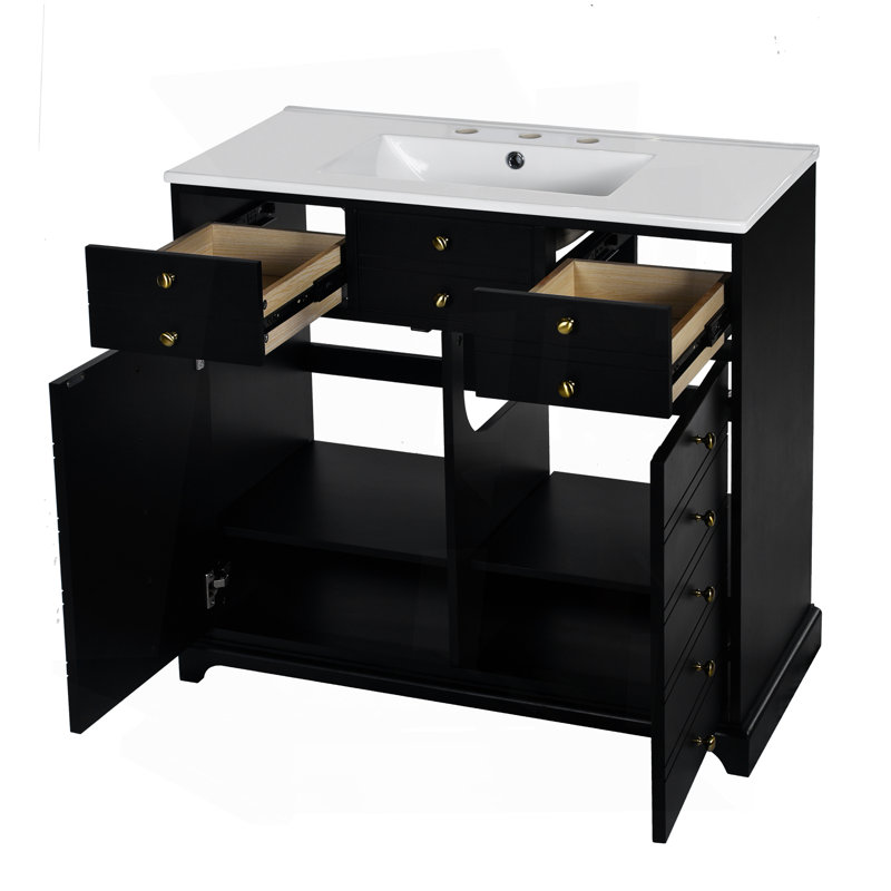 36'' Bathroom Vanity With Ceramic Sink Combo, Solid Wood Frame Bathroom Storage Cabinet, Freestanding Vanity Set With 2 Drawers& Soft Closing Doors, Black