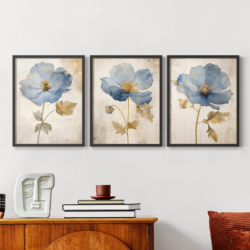 Étude florale, série XVIII, ensemble de 3 estampes numériques, prêt à accrocher, Cadre noir, H 10 po x l 8 po