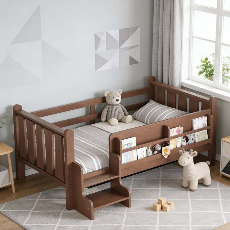 Twin Size Solid Wood Kids Floor Bed With Storage Bookcases, Cute Stairs & Guardrails, No Box Spring Needed (Natural), Natural