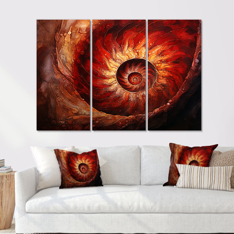 «Scarlet Swirl Shellfish - Nautilus», ensemble d'art mural, H 40 po x l 60 po x P 1 po