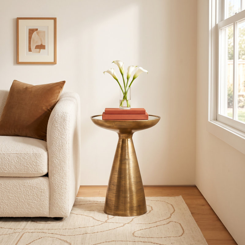 Baya Round Pedestal End Table, Antiqued Mirror, Brushed Brass