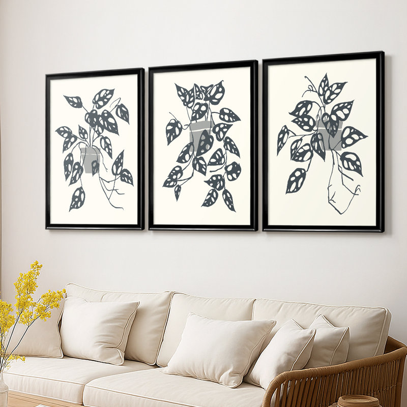 Growing Leaves I - Toile tendue avec châssis sur mesure - 3 pièces, H 21 po x l 30 po, Noir