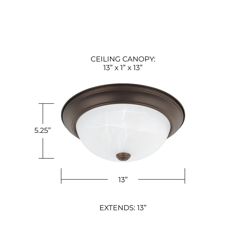 Plafonnier encastré 13 po 2 lumières Indépendant, Bronze, Blanc faux Verre albâtre, H 5,25 po x l 13 po x P 13 po