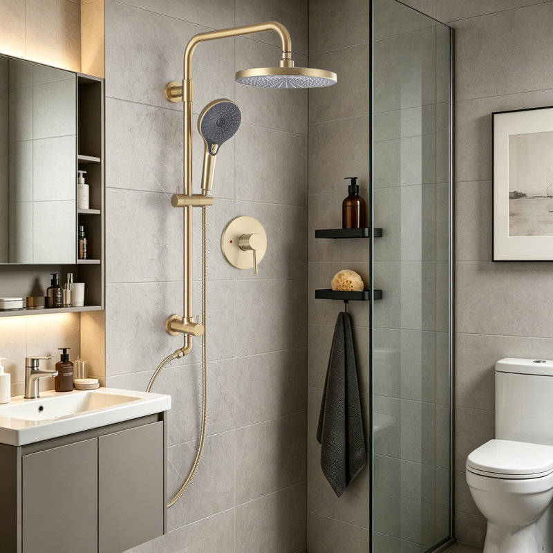 Robinet de douche mural 31 po avec valve à pression équilibrée anti-brûlure, Doré