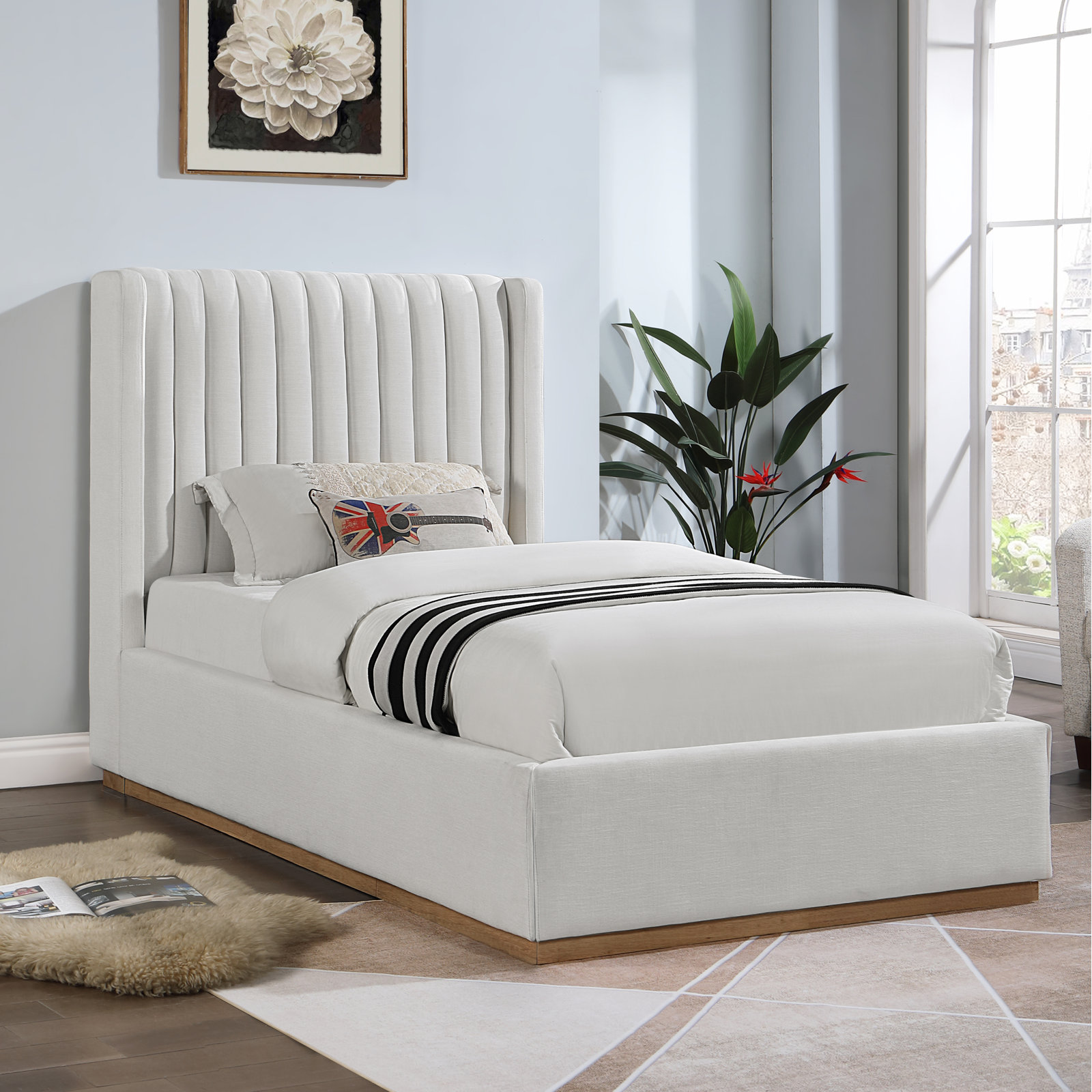 Chamblis Linen Upholstered Bed, Twin, Cream Linen Textured Fabric