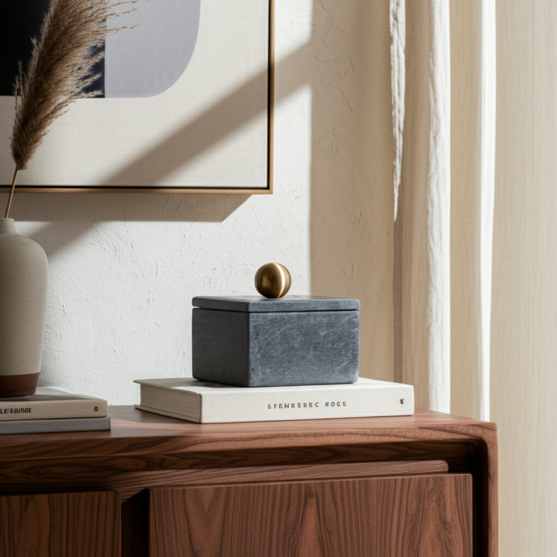 Scarbrough Decorative Box Marble Stone Metal Brass Modern Storage Container with Removable Lid Contemporary Accent Box for Shelf or Tabletop Display Home Organizer Accessory Modern Design