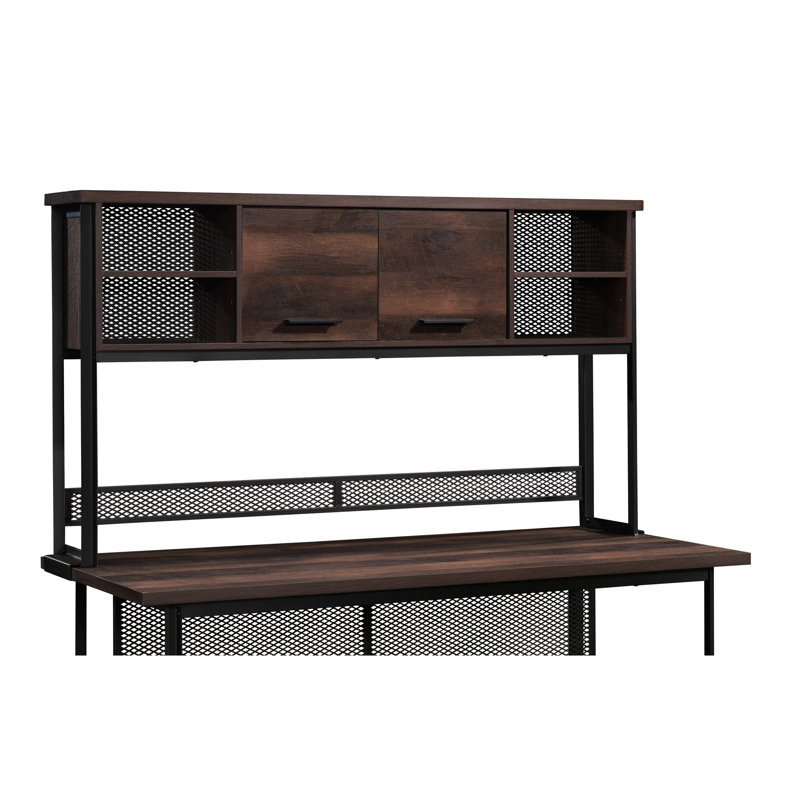 Bureau avec finition brune, grand espace de rangement pour le bureau personnel, système de tablettes réglables, styles de bureau compatibles, construction, installation rapide, rangement compact pour petits espaces de travail, compartiments dissimulés
