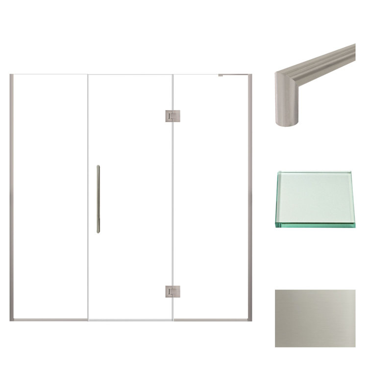Porte de douche à charnière en chrome poli avec verre transparent l 73 po x H 76 po Transolide Elizabeth, Acier Inoxydable