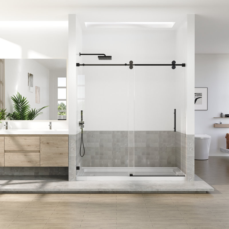 66 à 72 po X P 76 po H Porte de douche coulissante simple sans cadre avec (10 mm) en verre trempé, Noir mat