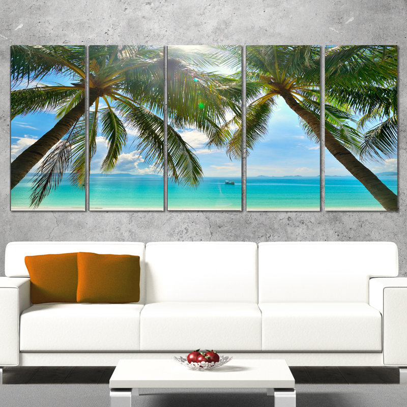 « palm hanging over sandy white beach », ensemble de 5 reproductions de photos sur toiles tendues