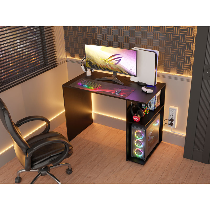Gaming Computer Desk 39 Inch with 2 Shelves and Headphone Hanger Wooden Sturdy Home Office Table for Kids and Adults, Black