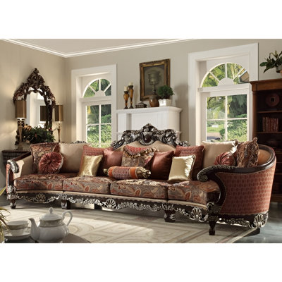 Dark Red Mahogany Carved Wood Sectional Sofa Traditional Upholstered Living Room Set