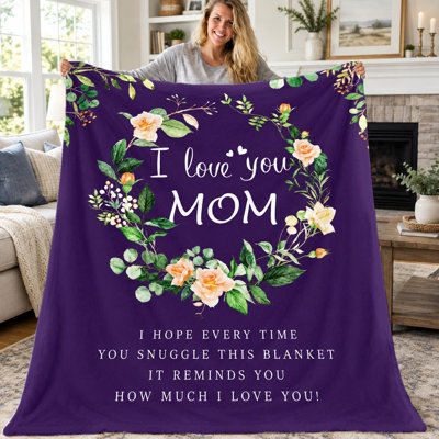 1 couronne de fleurs douillettes, jeté en flanelle «I Love You MOM», couverture douce et chaleureuse pour canapé-lit, salon, cadeau unique pour la fête des Mères, décoration intérieure
