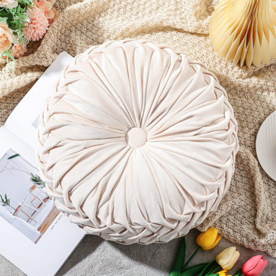 Round Throw Velvet Pillows Decorative Pleated Throw Pillows Diameter Accent Pumpkin Boho Chair Cushion for Couch Sofa Home Decoration (Beige/1 Pcs )