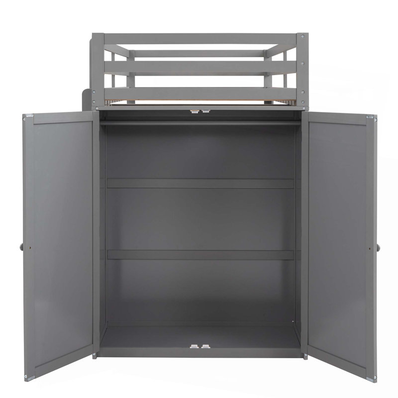 Lit mezzanine avec tiroirs, bureau et garde-robe, Gris, Lit simple
