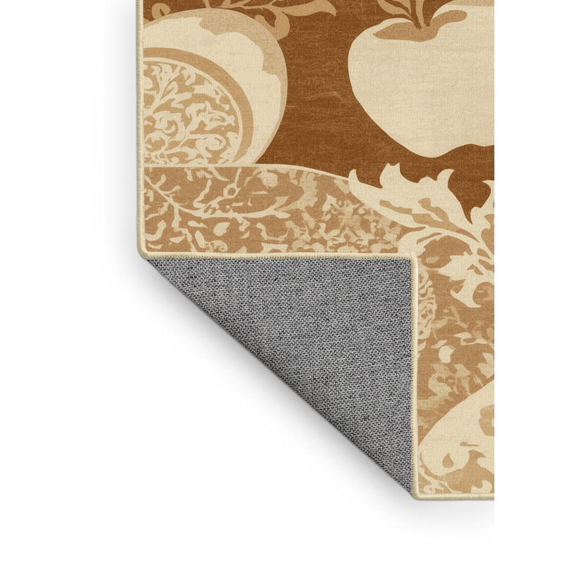 Machine Washable Wilkerson Apple Classic Damask Rug in Beige – Yellow Binding, 3x5