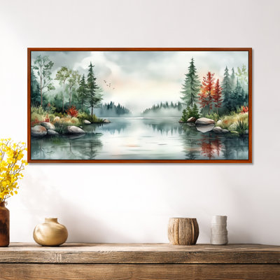 «Green Orange Autumn Forest Lake Reflection Scene», décoration murale verte sereine, impressions encadrées d'automne