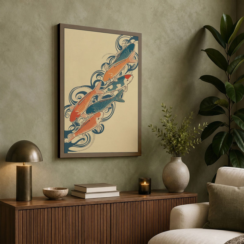 Ornamental Fish Dance Japandi - Wrapped Canvas, 18x12 - 45.7 x 30.5 cm, Cream Border