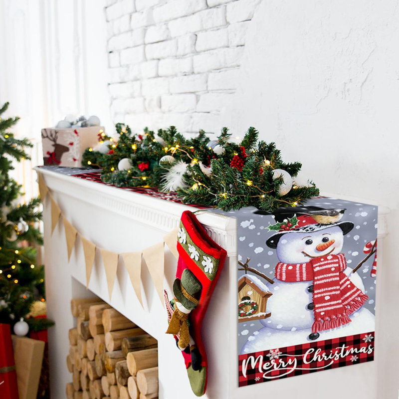 Red And Black Check Plaid Snowman Snowflake Merry Christmas Table Runner, 13 X 72 Inch Kitchen Dining Table Decoration For Indoor Outdoor Home Party Décor