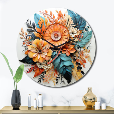 Horloge murale orange fleurs de bohème orange et plumes bleues