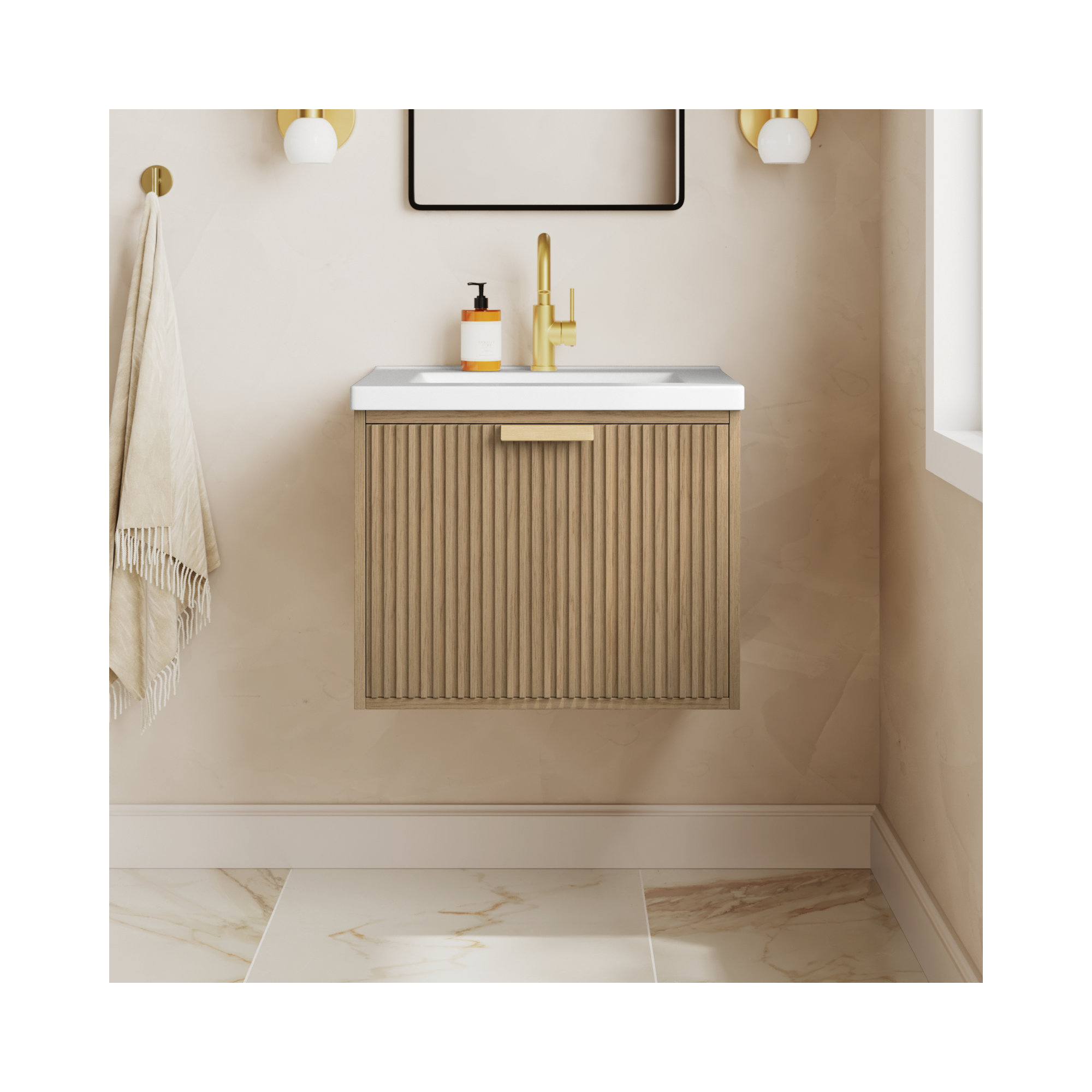  24" Wall-Mounted Single Bathroom Vanity Set, Oak, Gold