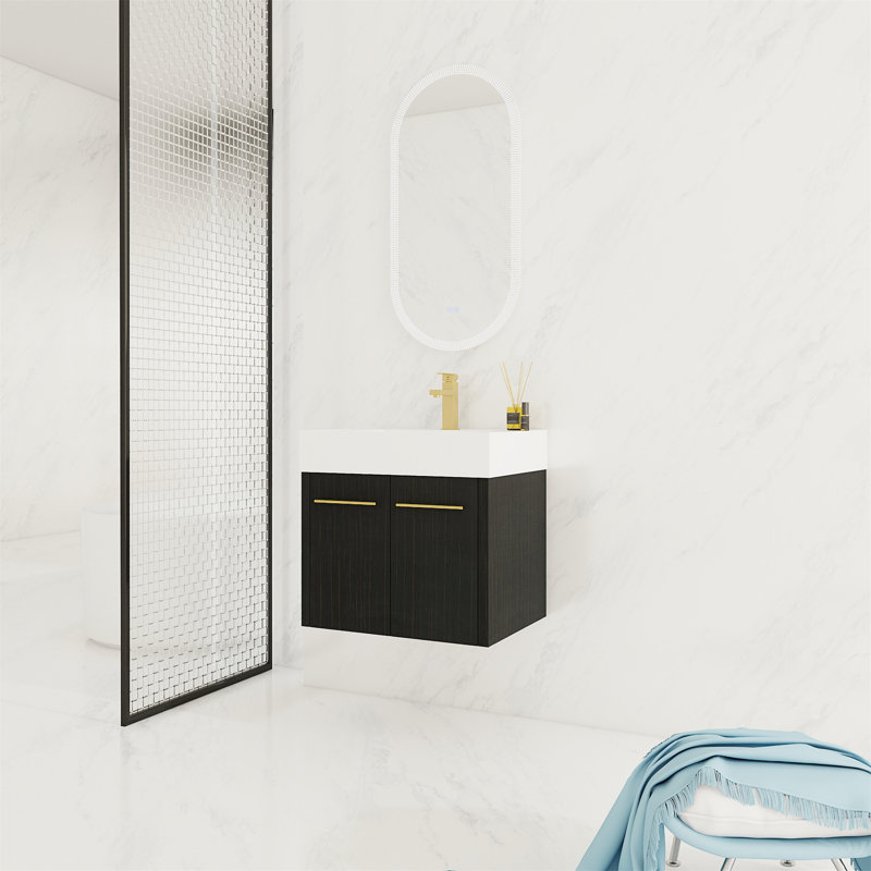 24 Inch Wall-Mounted Bathroom Vanity With Sink, Thick Edged Resin Basin, KD-Package