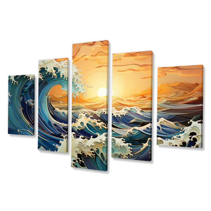 Teal Kinetic Waves III - impression d'art mural paysages - 5 panneaux