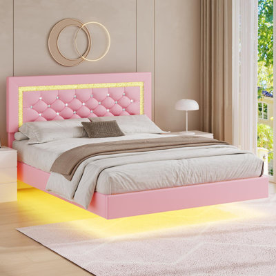 Alber Floating Bed Frame with LED Lights, Upholstered Platform Bed with Diamond Tufted Headboard, No Box Spring Needed, Noise Free, Easy Assembly