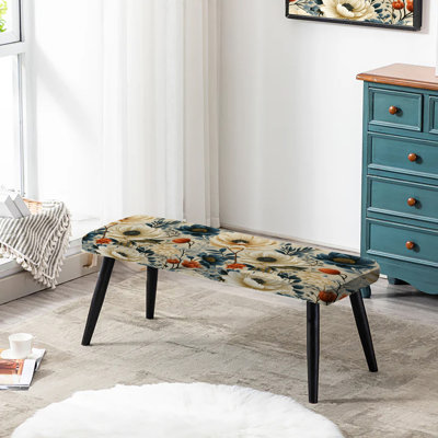 Banc rembourré à motif floral orange et beige avec motif floral Fusion I